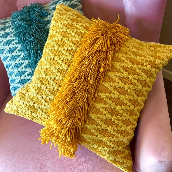 Yellow Mustard Fringe Boho Decorative Pillow Square - Picture 1 of 3